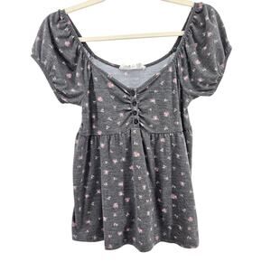 Y2K Babydoll Puff Sleeve floral Print Top Size MD Cottage Boho Fairy Feminine